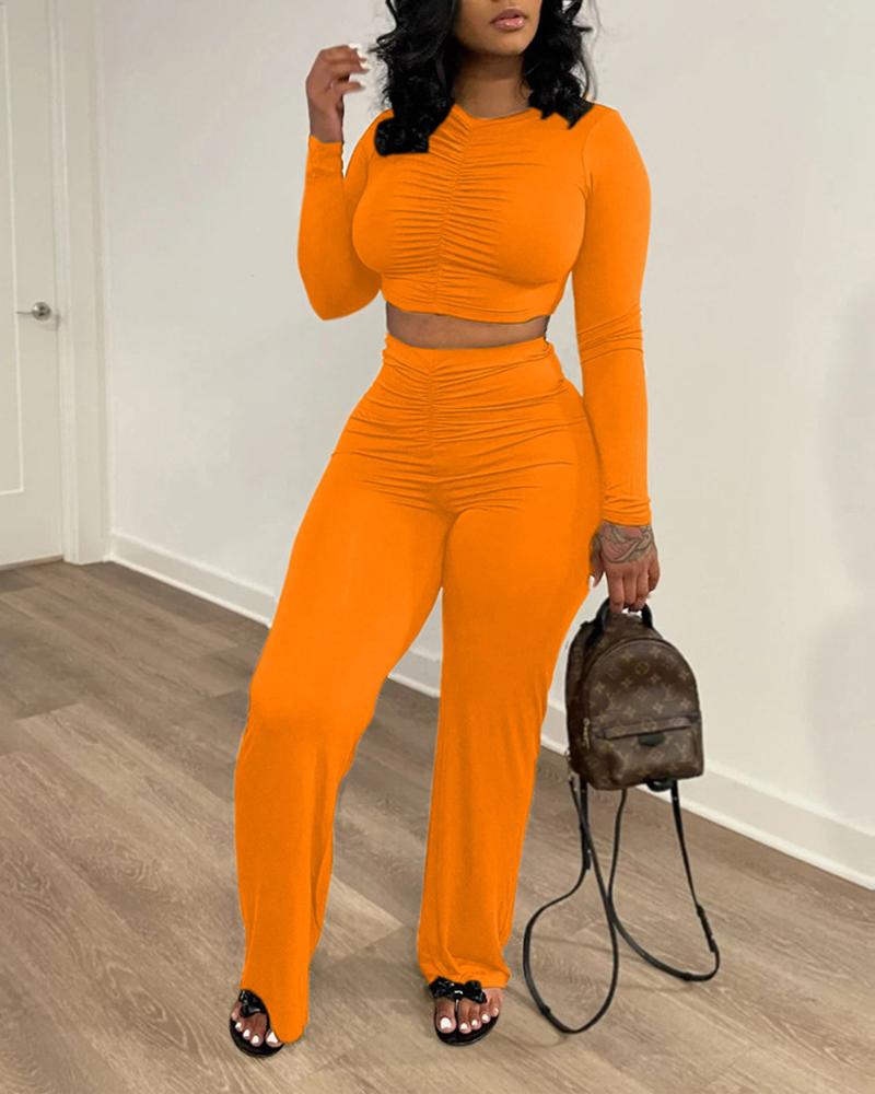 

Ruched Long Sleeve Crop Top & Wide Leg Pants Set, Orange