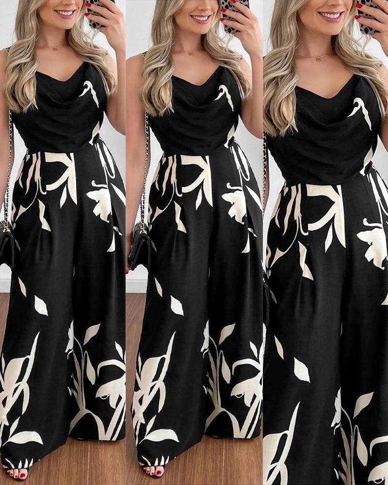 

Tropical Print Wide Leg Jumpsuit, Black