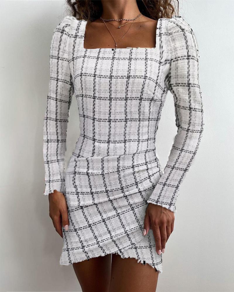 

Plaid Print Raw Hem Ruched Dress, Black&white