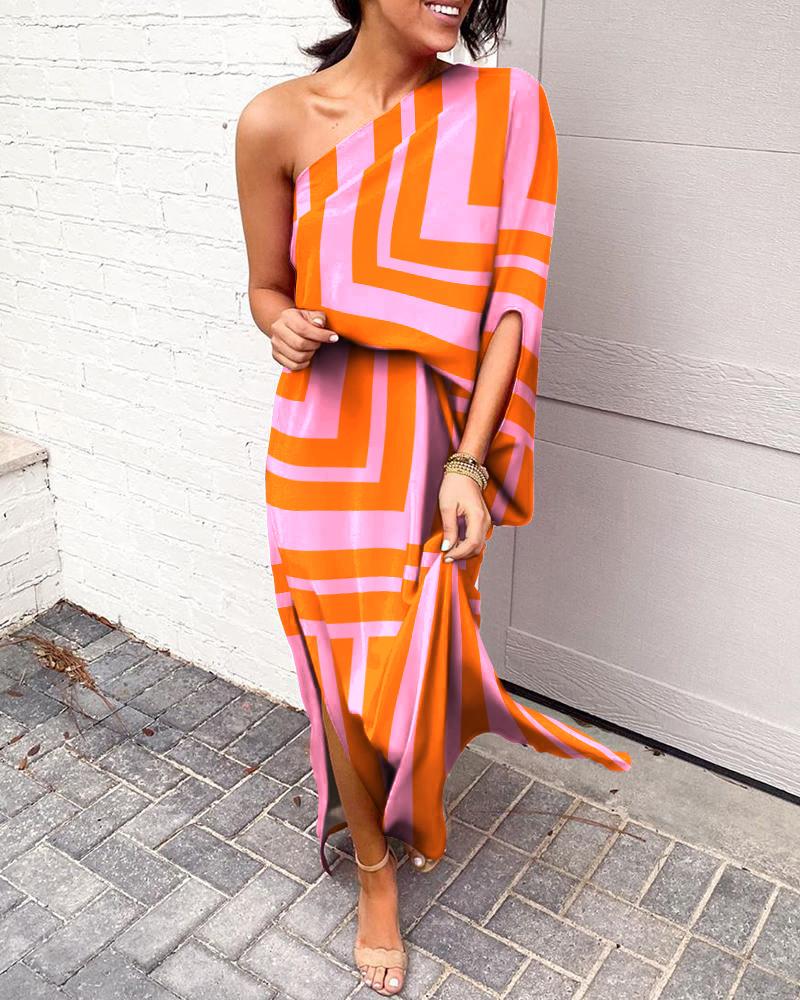 

Colorblock One Shoulder Split Hem Maxi Dress, Orange