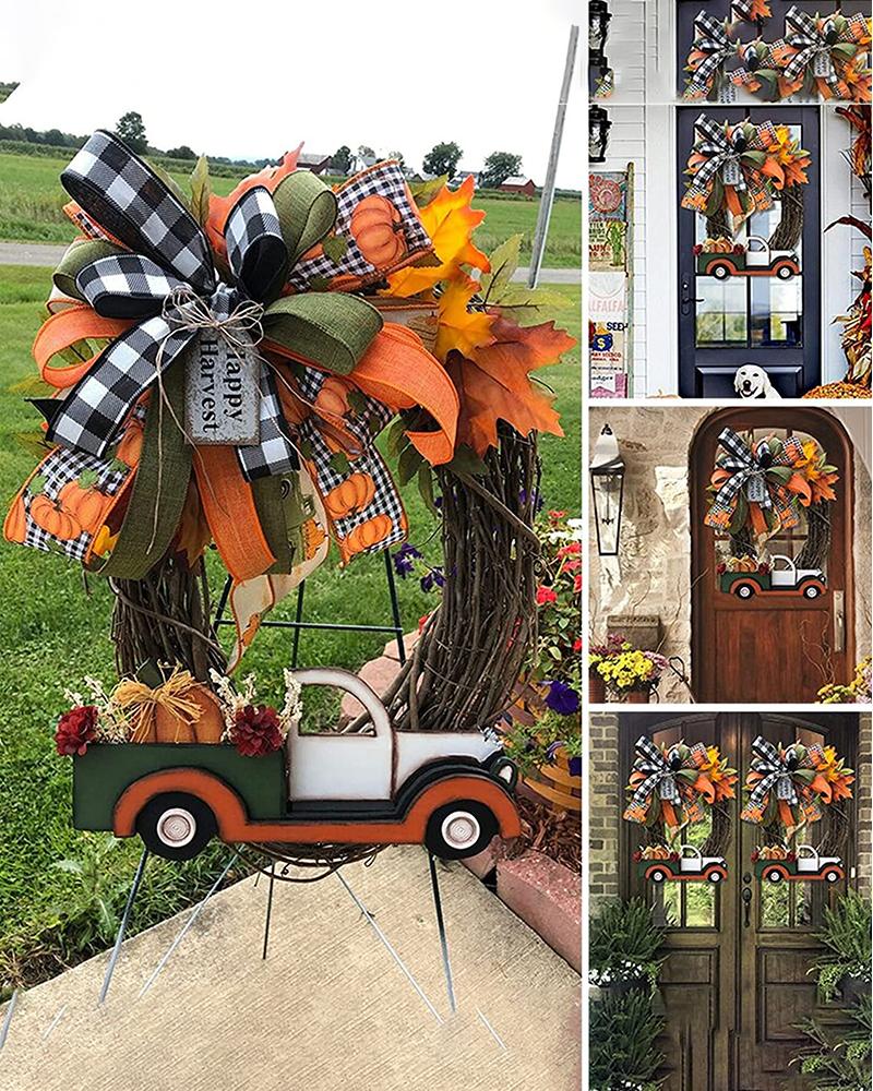 

Vintage Pumpkin Truck Fall Wreath Autumn Rustic Simple Wreath Decor Halloween Farmhouse Decor Green Pickup Truck For Porch Door Home Yard Party Wall Decorations Harvest, Orange