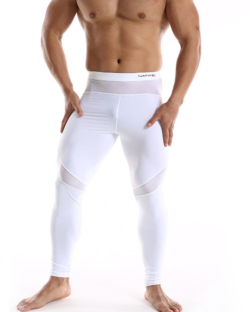 

Solid Color Splicing Mesh Skinny Sport Pants, White