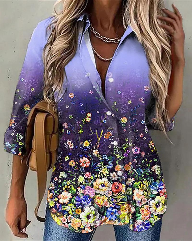 

Floral Print Long Sleeve Button Down Shirt, Purple