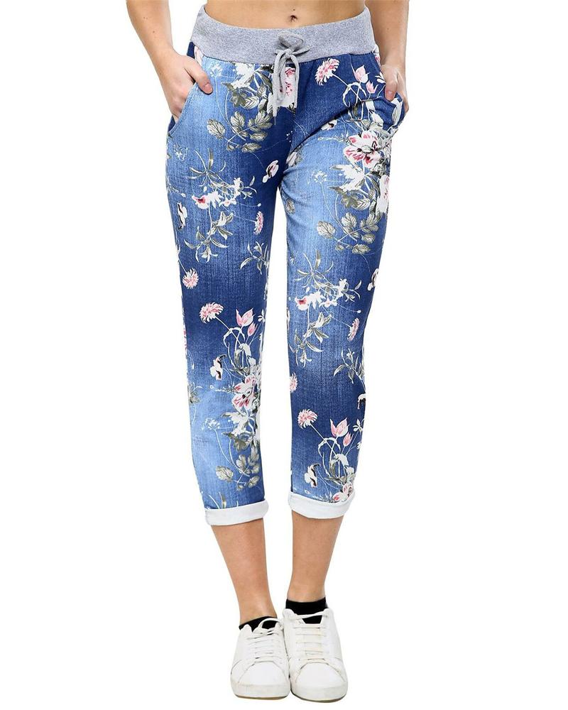 

Women's Faux Denim Floral Printed Pocket Design Drawstring Leggings, Dark blue