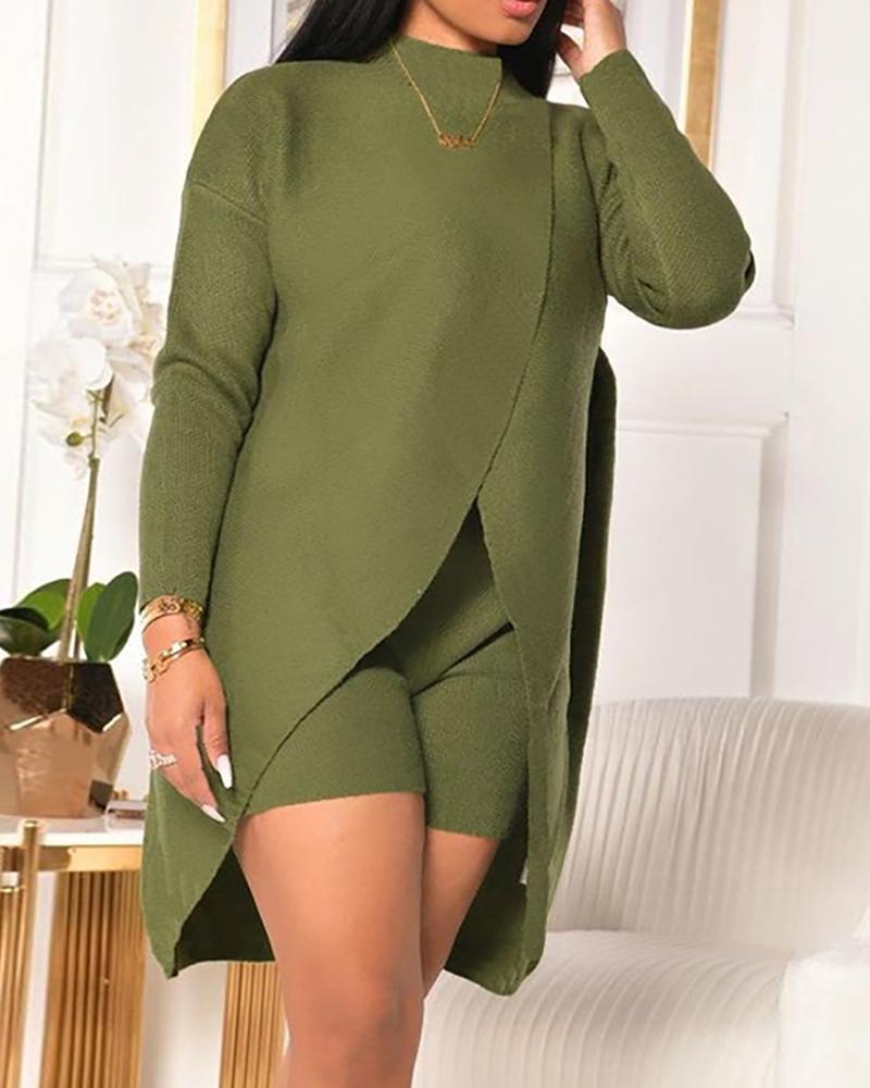 

Slit Long Sleeve Sweater & Shorts Set, Green