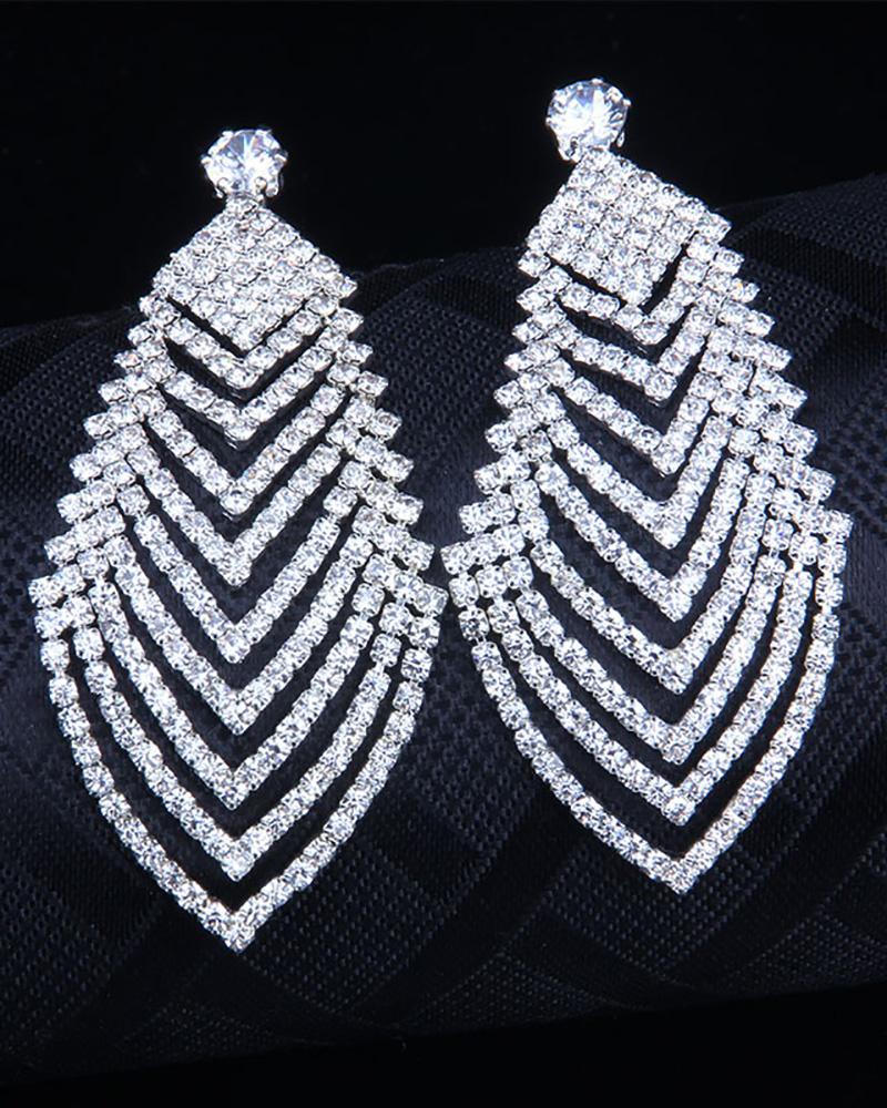 

1Pair Layered Geometric Shaped Rhinestone Decor Drop Earrings, Silver