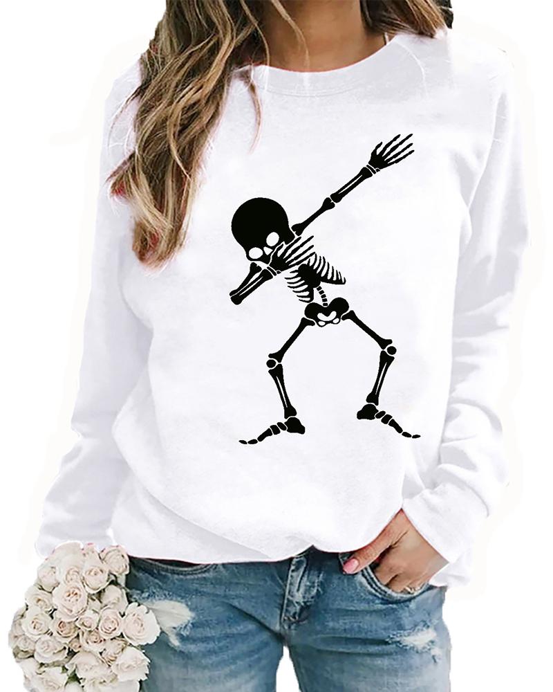 

Halloween Skeleton Print Long Sleeve Top, White