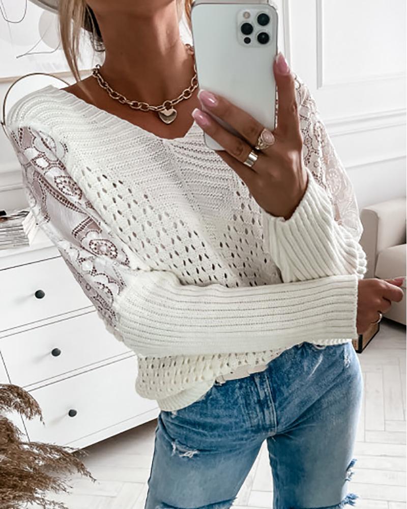 

Hollow Out Lace Patch Long Sleeve Sweater, White