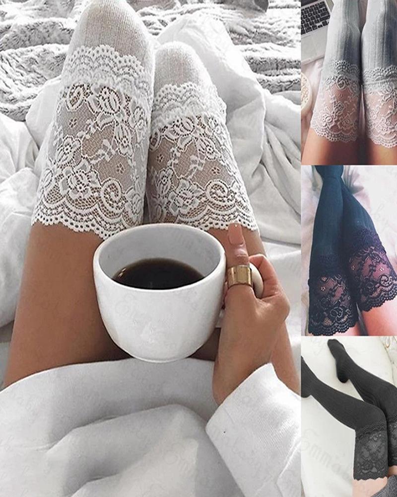 

Lace Trim Over The Knee Socks, White