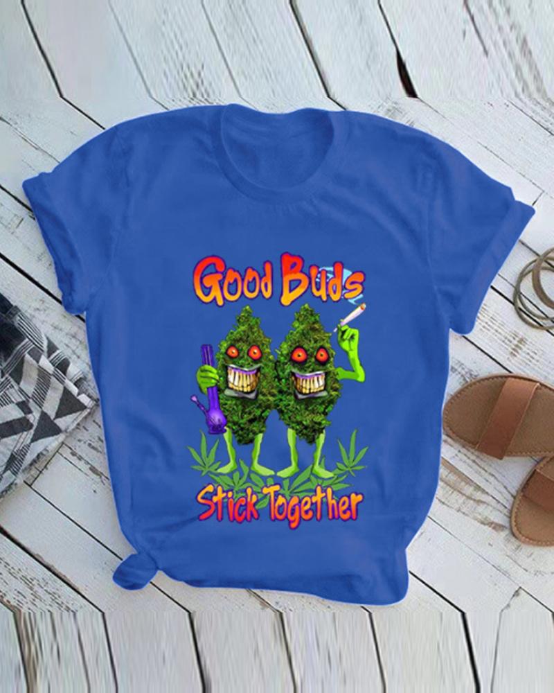 

Christmas Cartoon Buds Print Short Sleeve T-shirt, Lighted blue