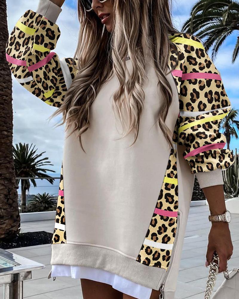 

Rainbow Stripe Leopard Print Zipper Design Sweatshirt Dress