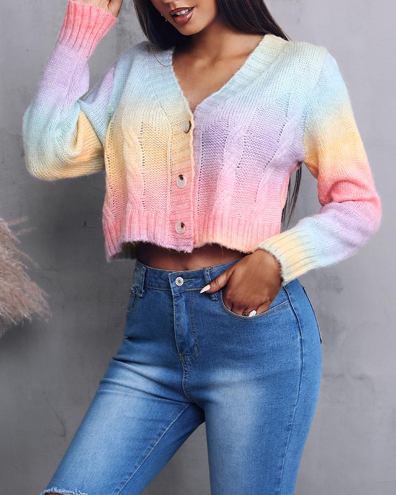 

Ombre Colorblock Button Design Long Sleeve Knit Cardigan, Purple&yellow