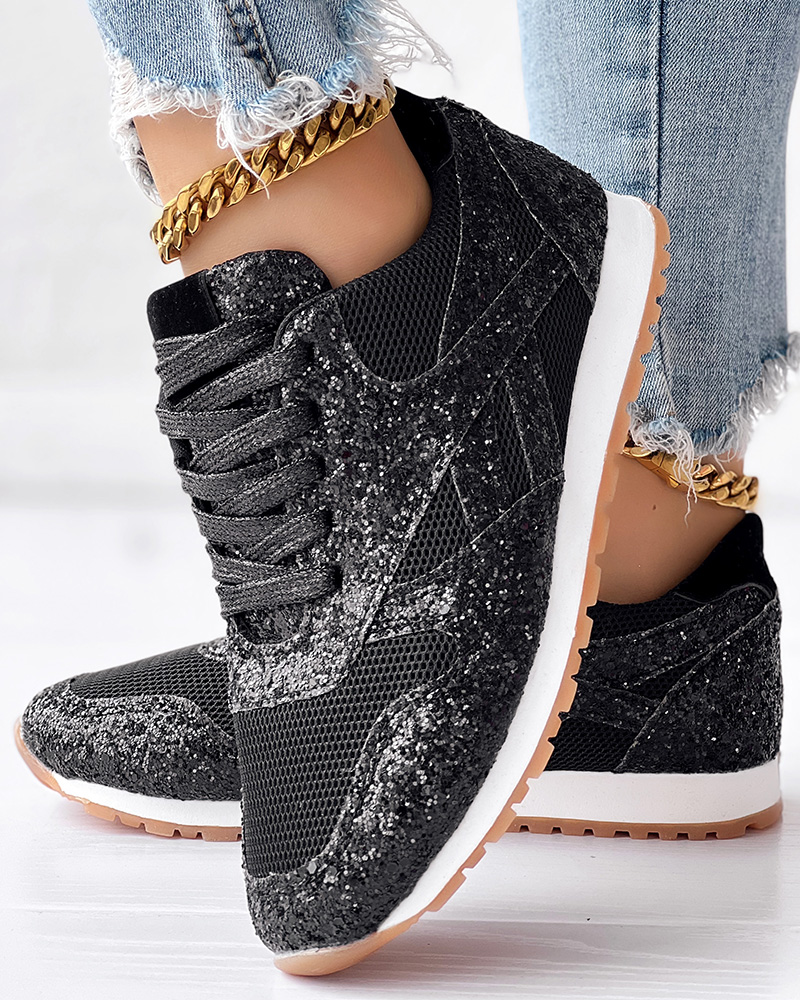 

Sequins Lace-up Muffin Sneakers, Black