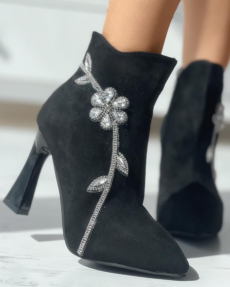 

Floral Pattern Pyramid Heeled Ankle Boots, Black