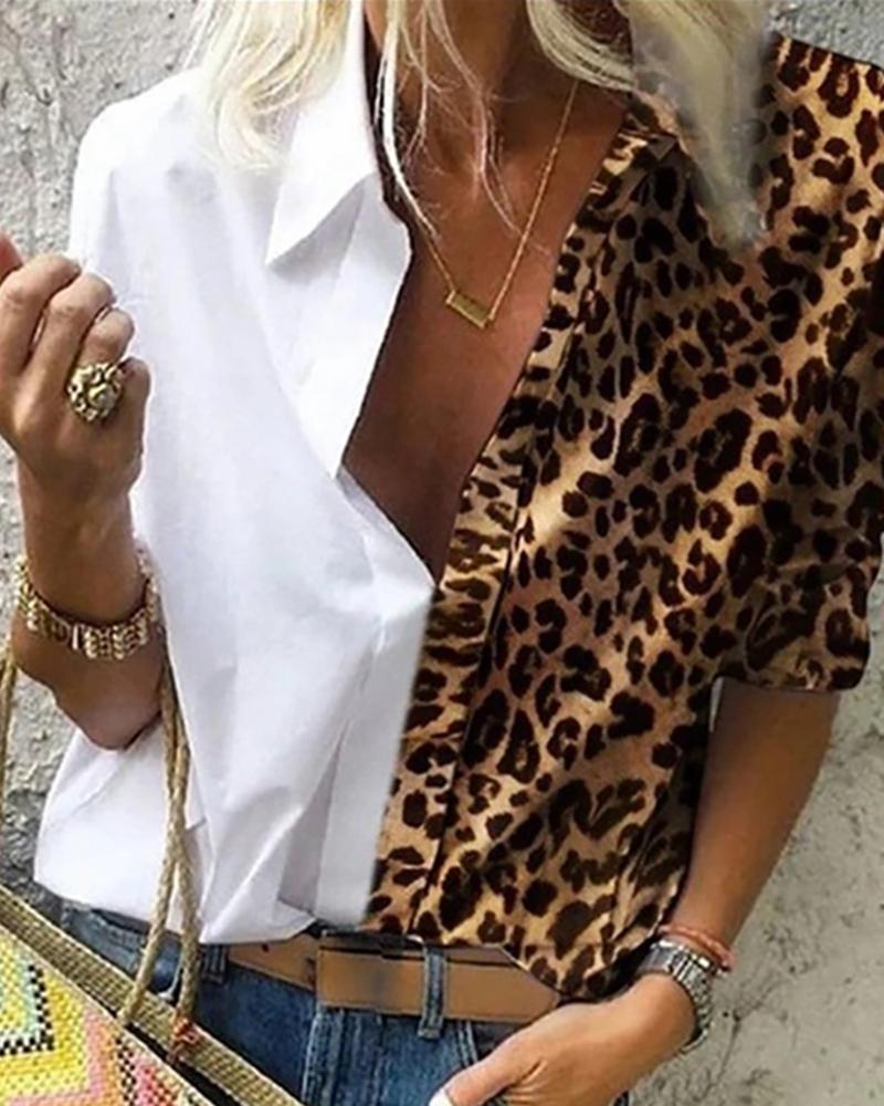 

Cheetah Print Colorblock Buttoned Shirt, White