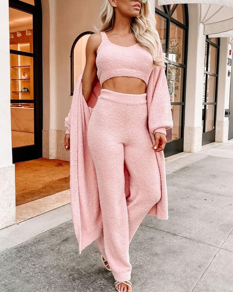 

Fluffy Knitted Crop Tank Top & Pants Set, Pink