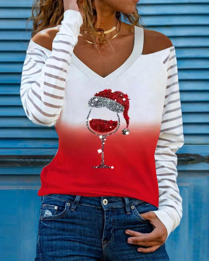 

Christmas Wine Glass Print Cold Shoulder Top, Red