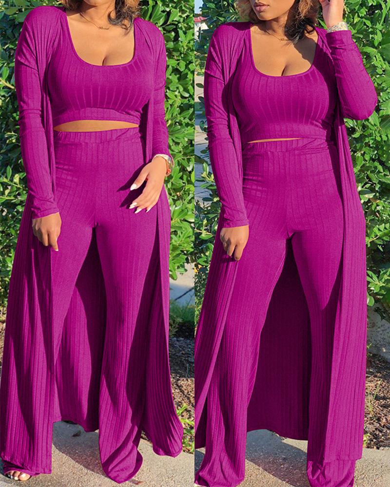 

Ribbed Tank Top & Bootcut Pants Set With Longline Cardigan, Purple