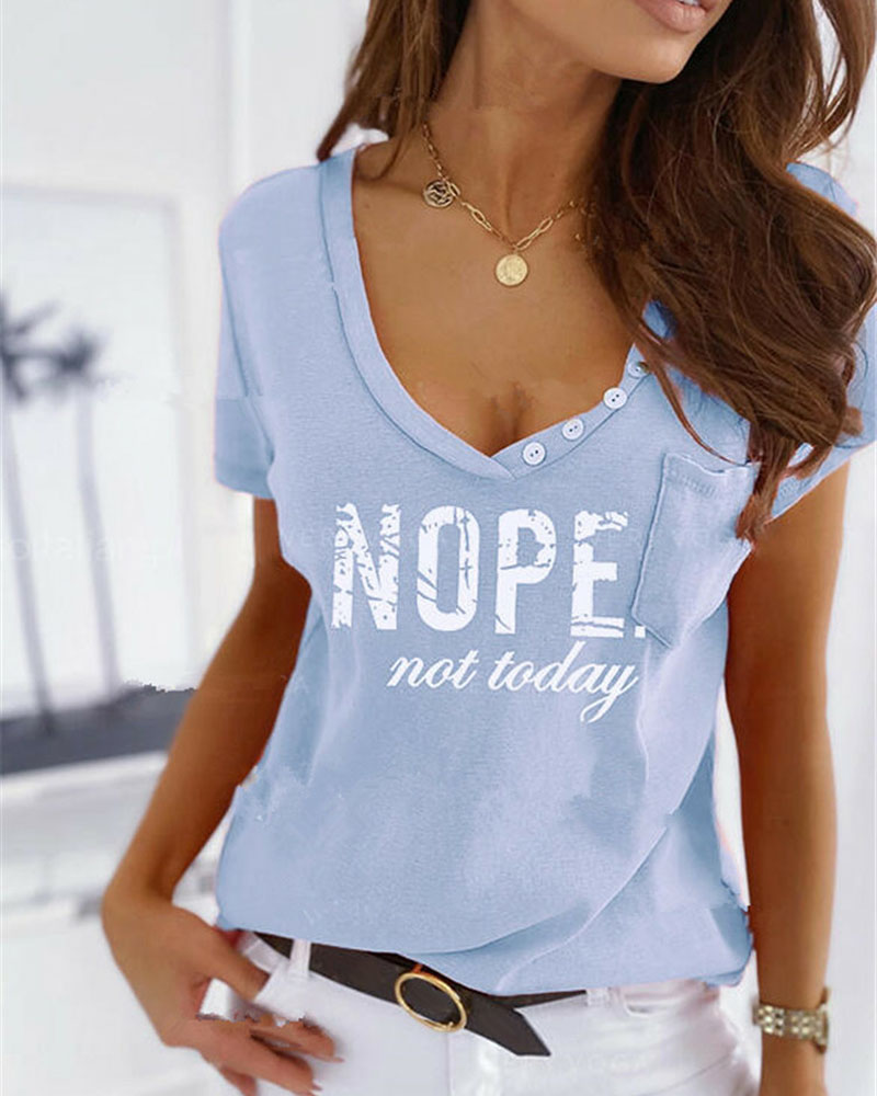 

Letter Print V-Neck Button Decor T-shirt, Blue