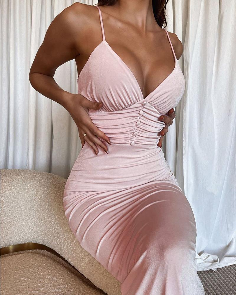 

Ruched Button Front Spaghetti Strap Party Dress, Pink