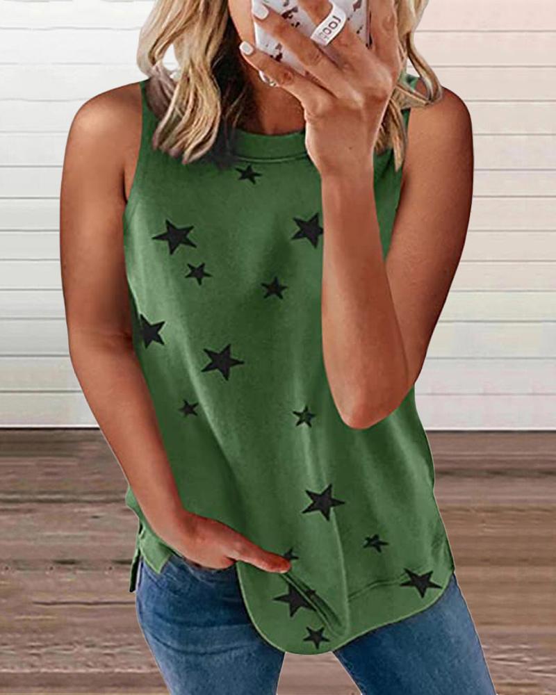 

Star Print Round Neck Casual Tank Top, Green