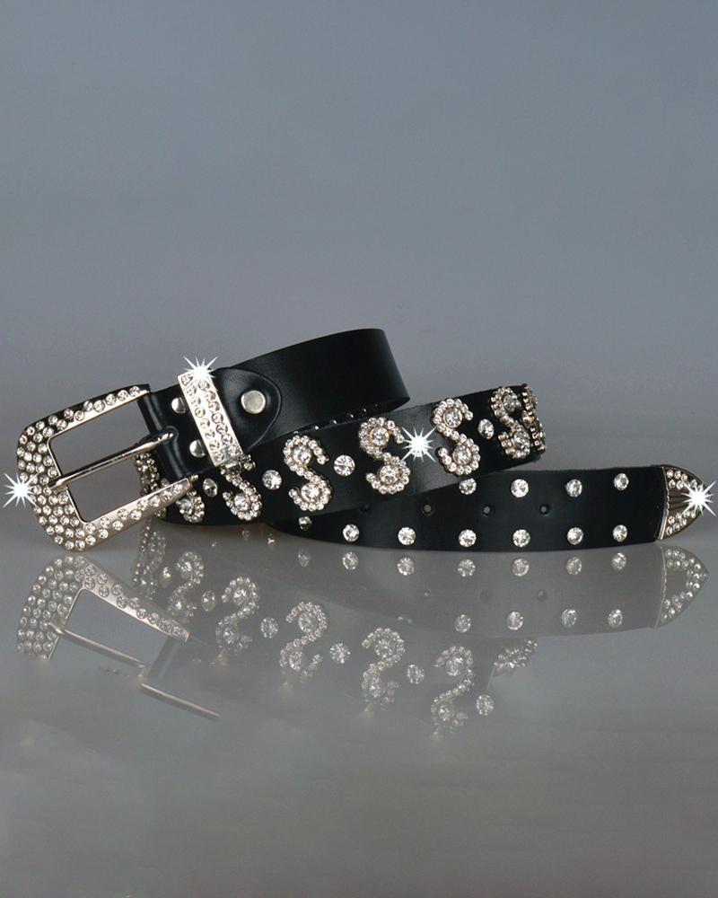 

Letter Pattern Rhinestone Decor Buckled PU Leather Belt, Black