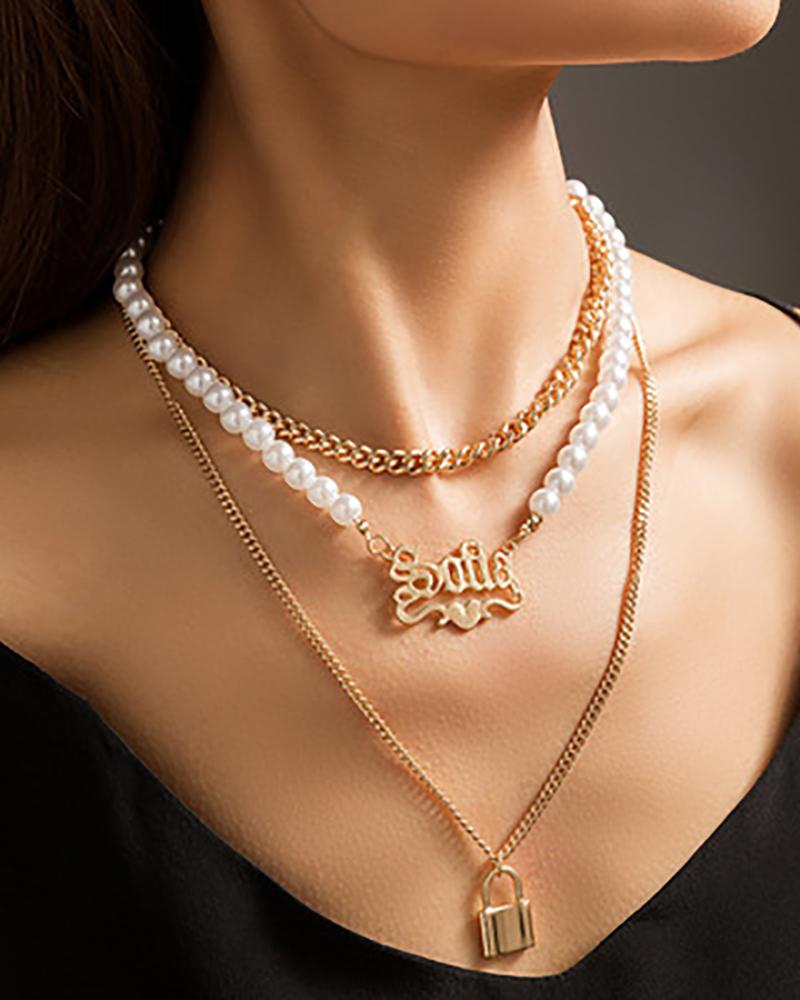 

Letter & Lock Pendant Beaded Chain Necklace, Style1