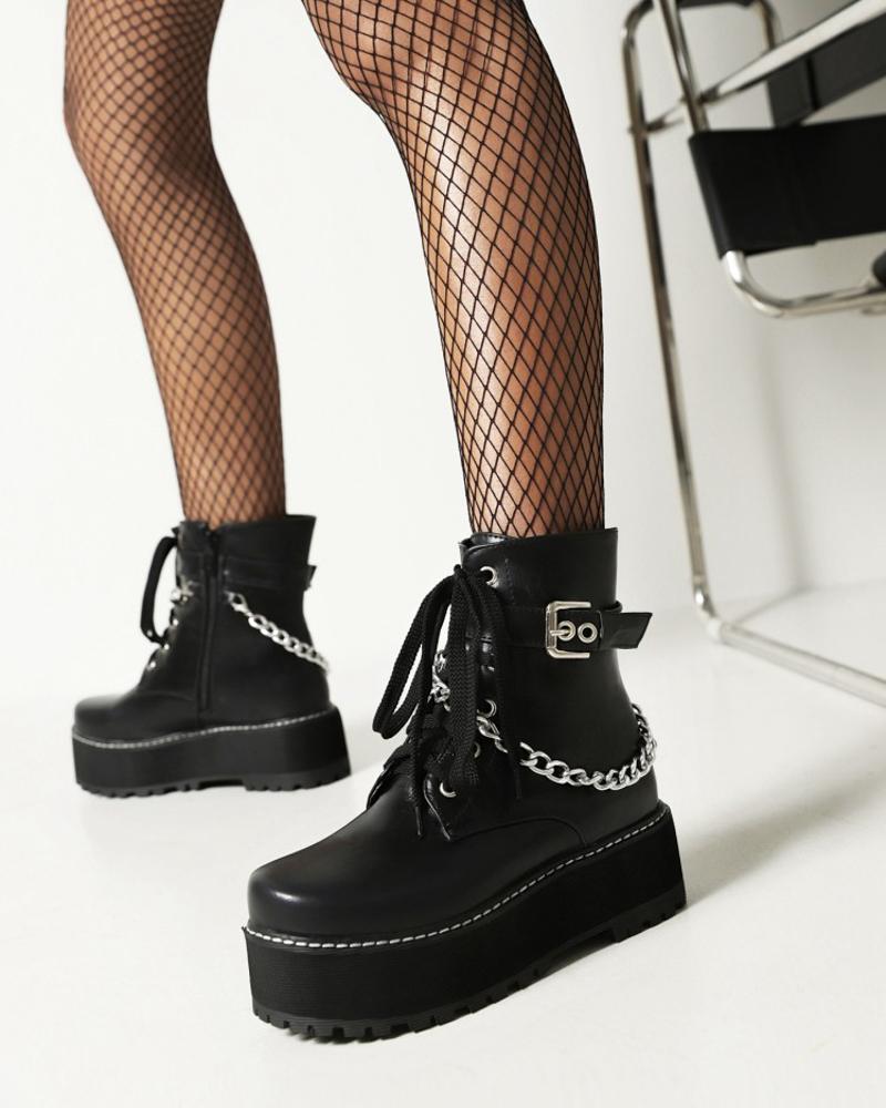 

Womens Chain Decoration Round Toe Lace-up Platform Martin Boots, Black