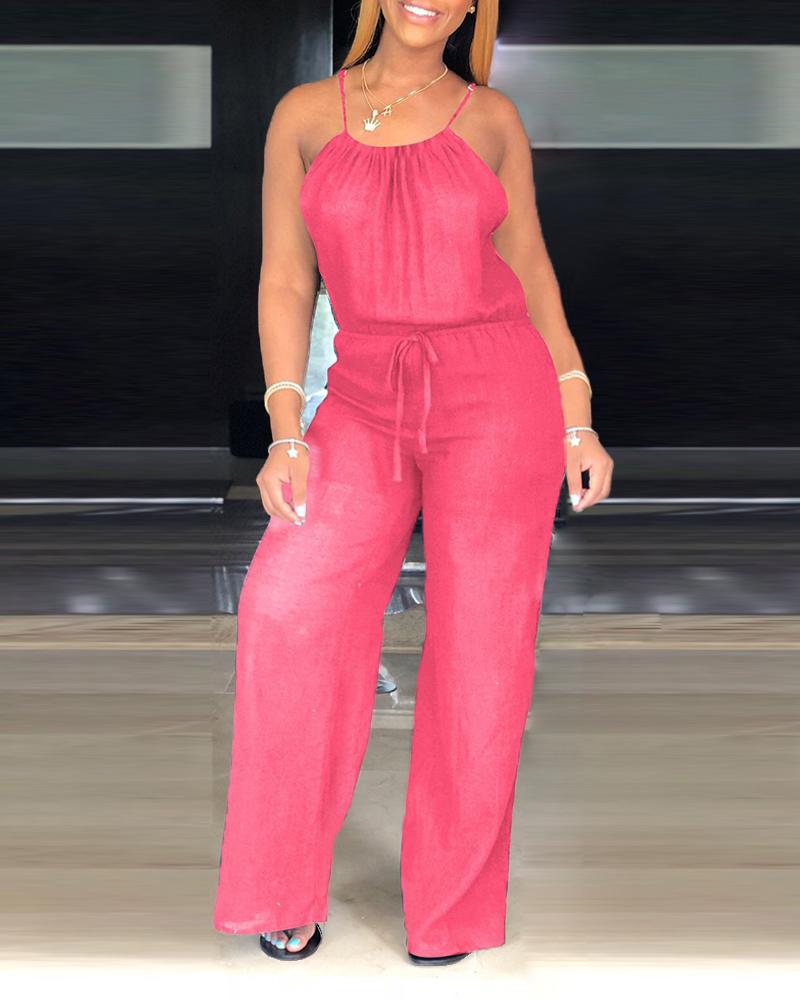 

Spaghetti Strap Drawstring Design Wide Leg Jumpsuit, Red