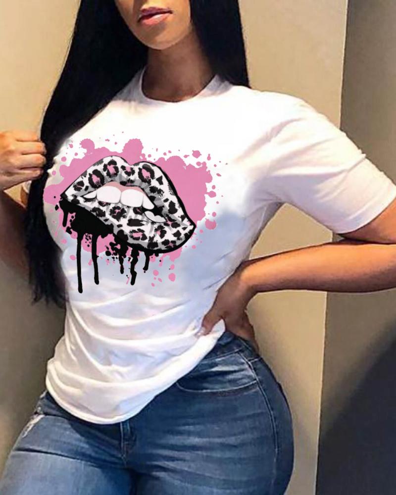 

Lips Print Short Sleeve Loose T-shirts, Style9