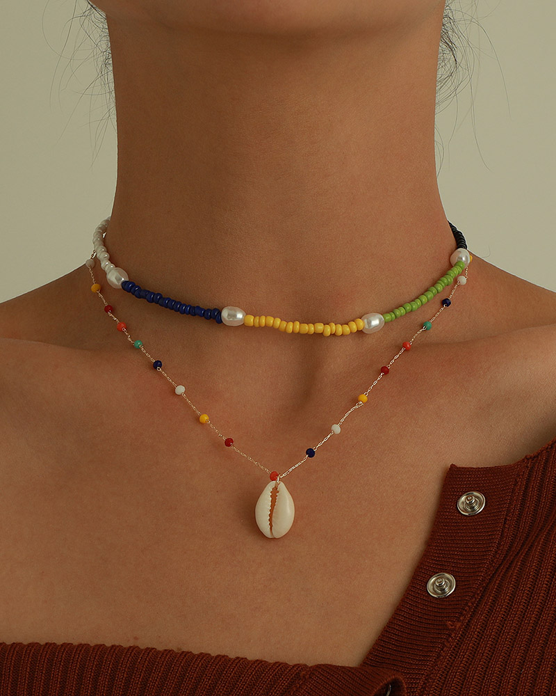 

Colorblock Beaded Shell Pendant Necklace, Gold