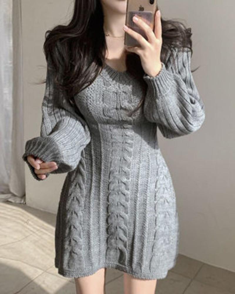 

Braided Knit Long Sleeve Dress, Gray