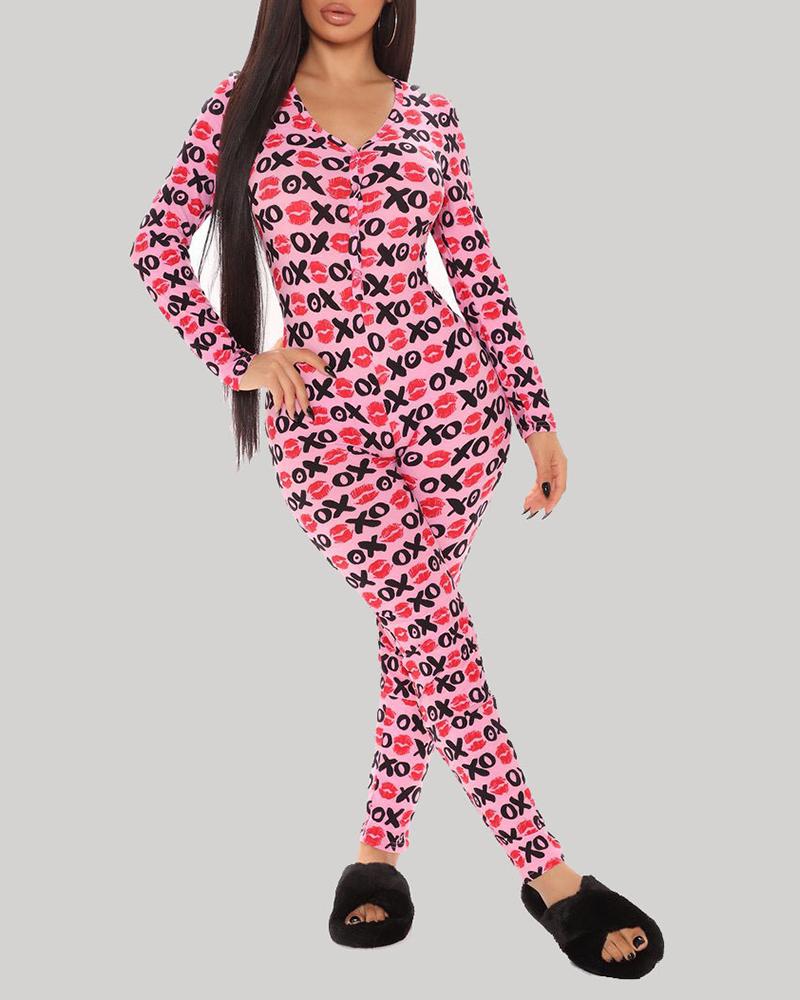 

Print Functional Buttoned Flap Adults Pajamas, Pink