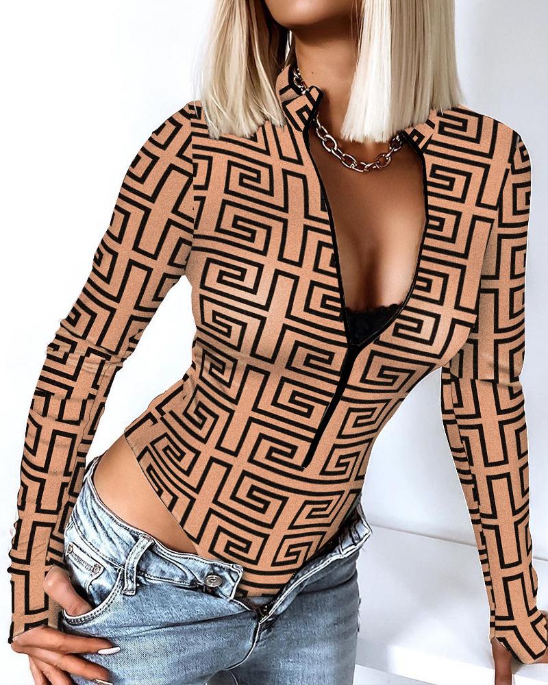 

Geo Print Zipper Design Thumb Hole Skinny Bodysuit, Brown
