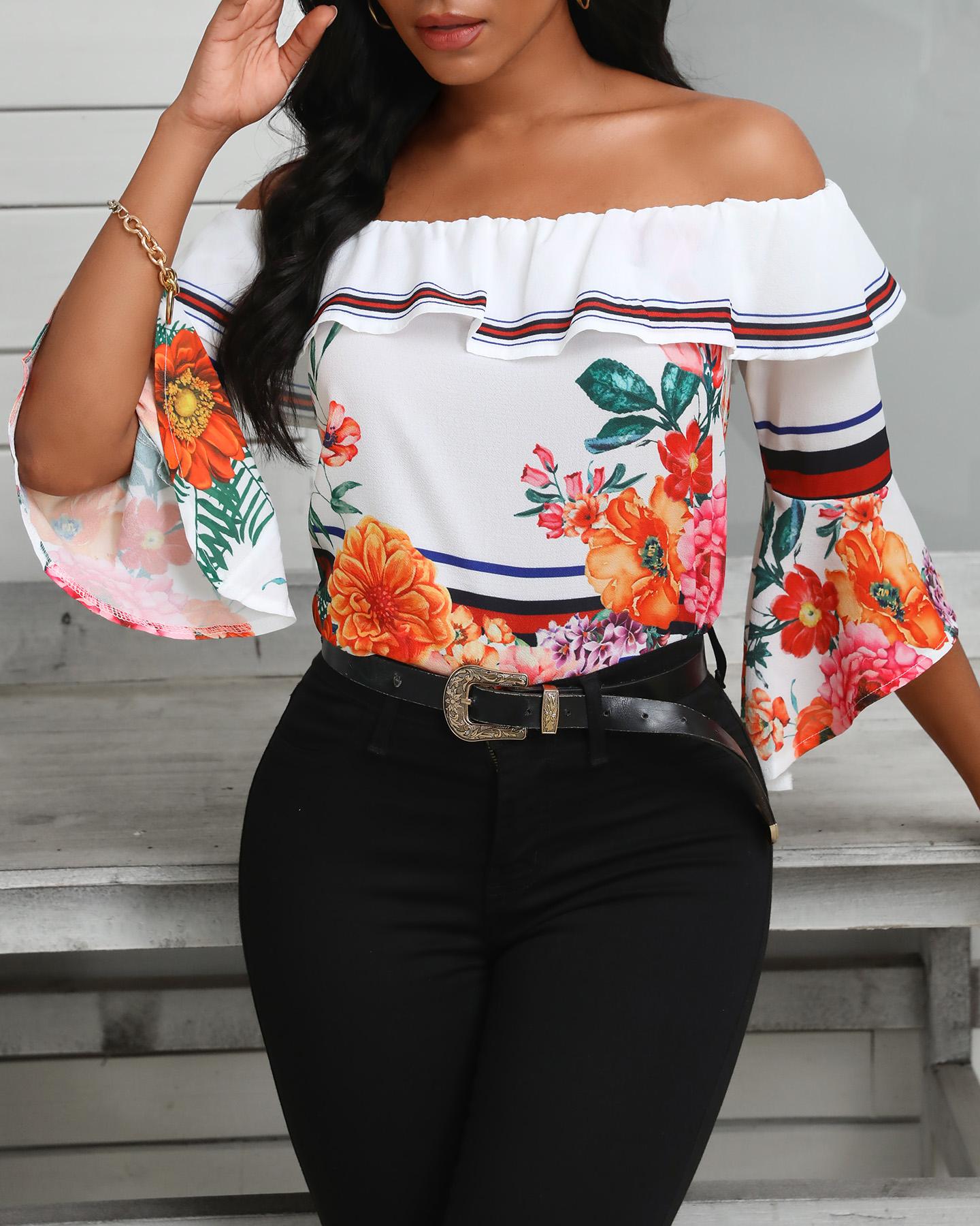 

Off Shoulder Bell Sleeve Floral Print Ruffles Blouse, White