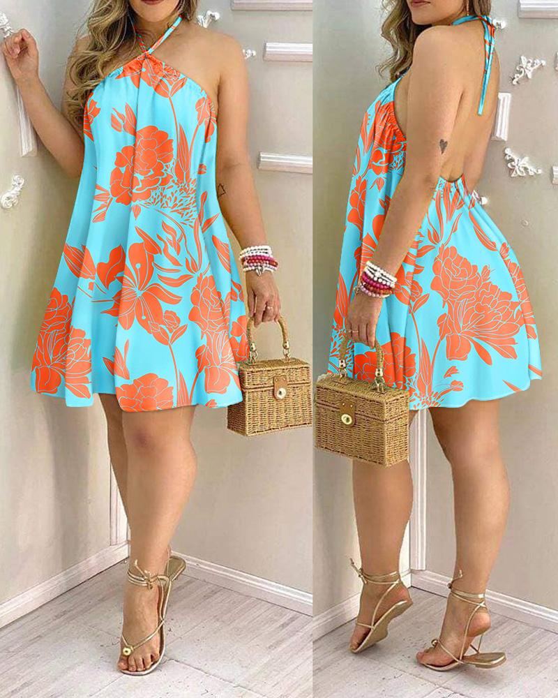 

Plants Print Halter Backless Casual Dress, Blue