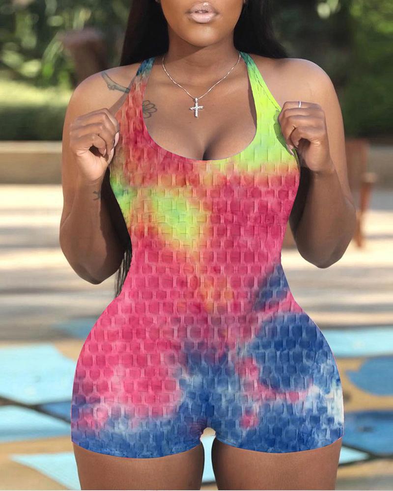 

Tie Dye Print Colorblock Backless Thick Strap Romper, Multicolor
