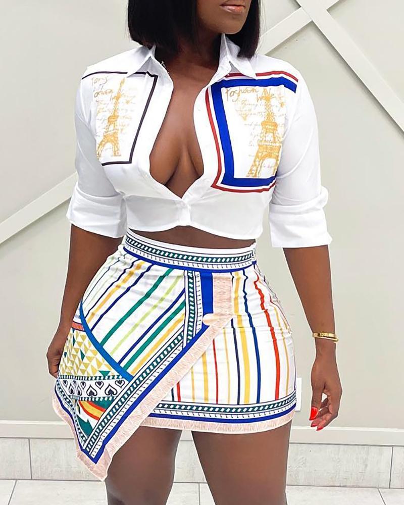 

Graphic Print Buttoned Shirt & Striped Asymmetrical Skirt Set, White