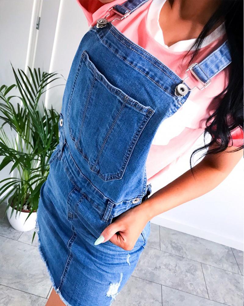 

Denim Overall Mini Dress, Blue