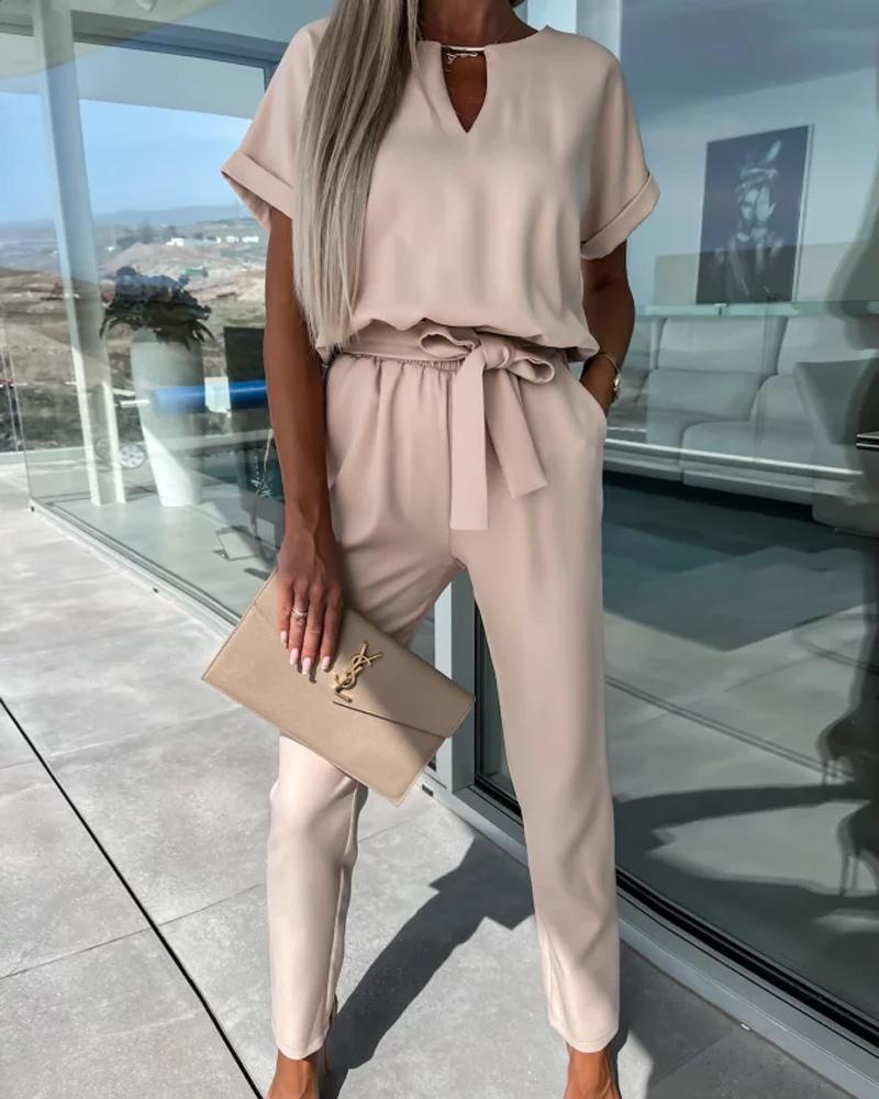 

Keyhole Neck Tied Detail Casual Jumpsuit, Apricot