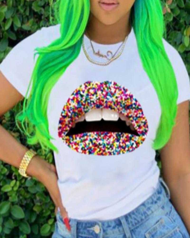 

Lip Print Colorblock Short Sleeve Casual T-shirt, White