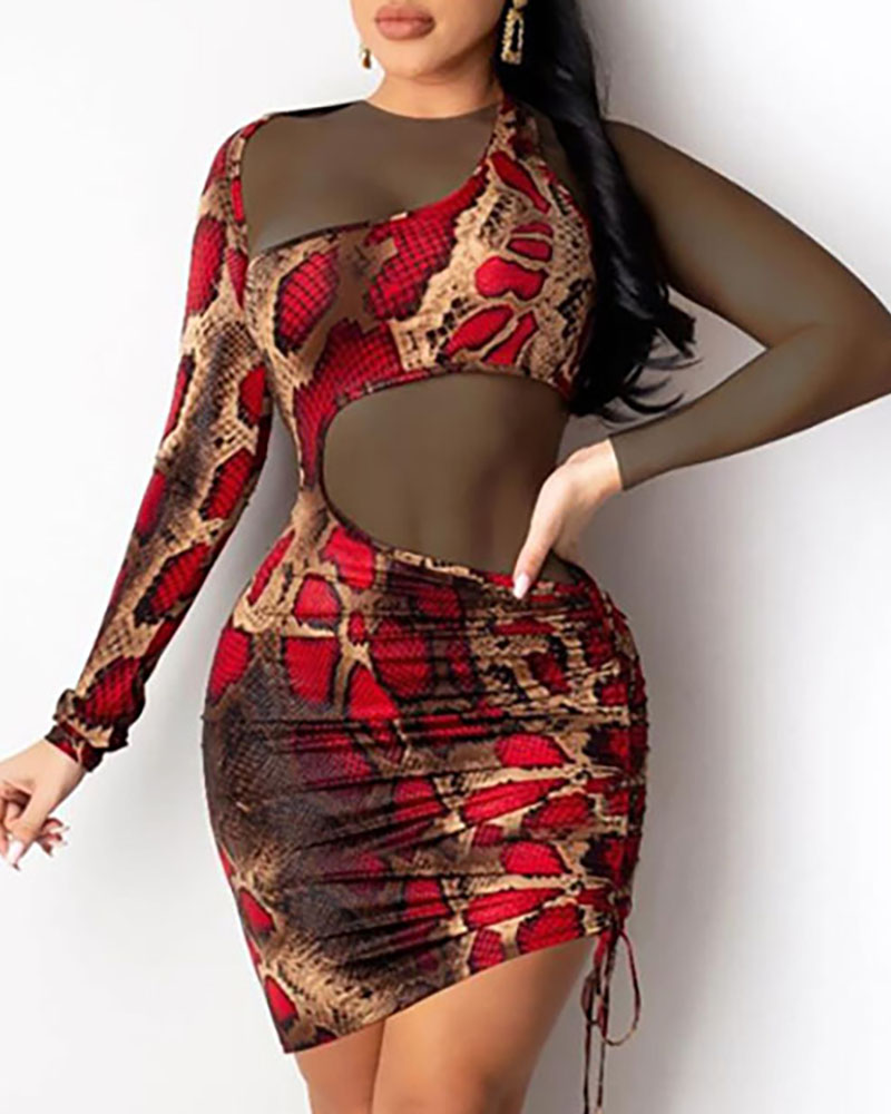 

Snakeskin Print Sheer Mesh Ruched Bodycon Dress, Red