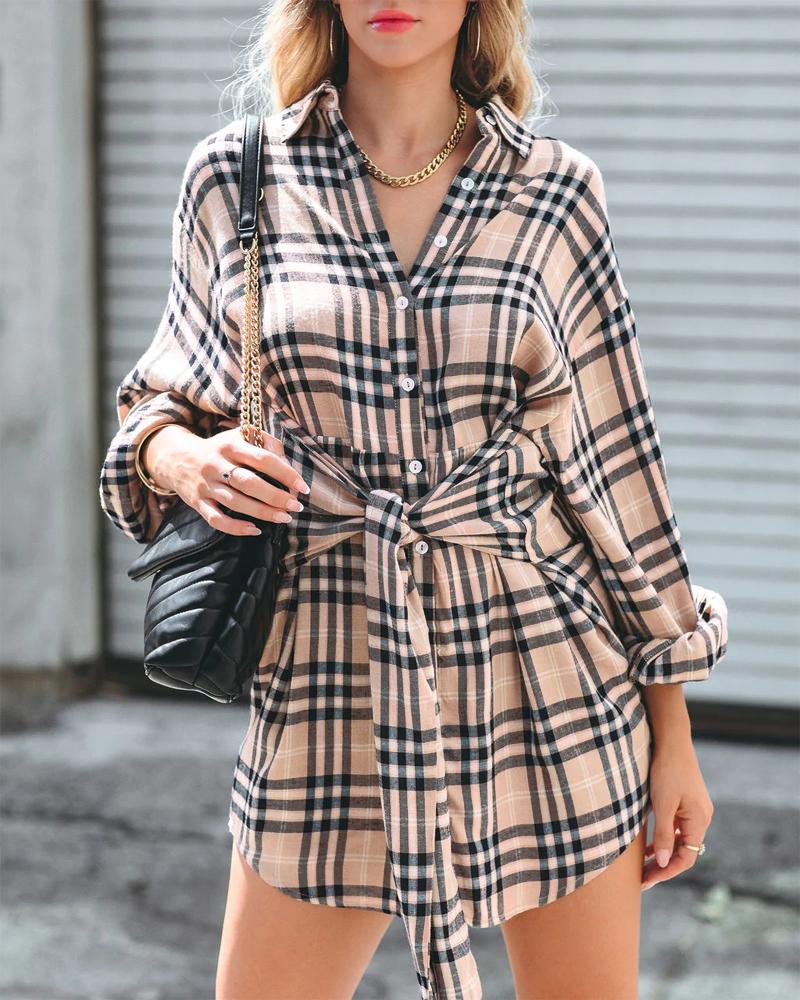 

Plaid Print Long Sleeve Tied Detail Shirt Dress, Khaki