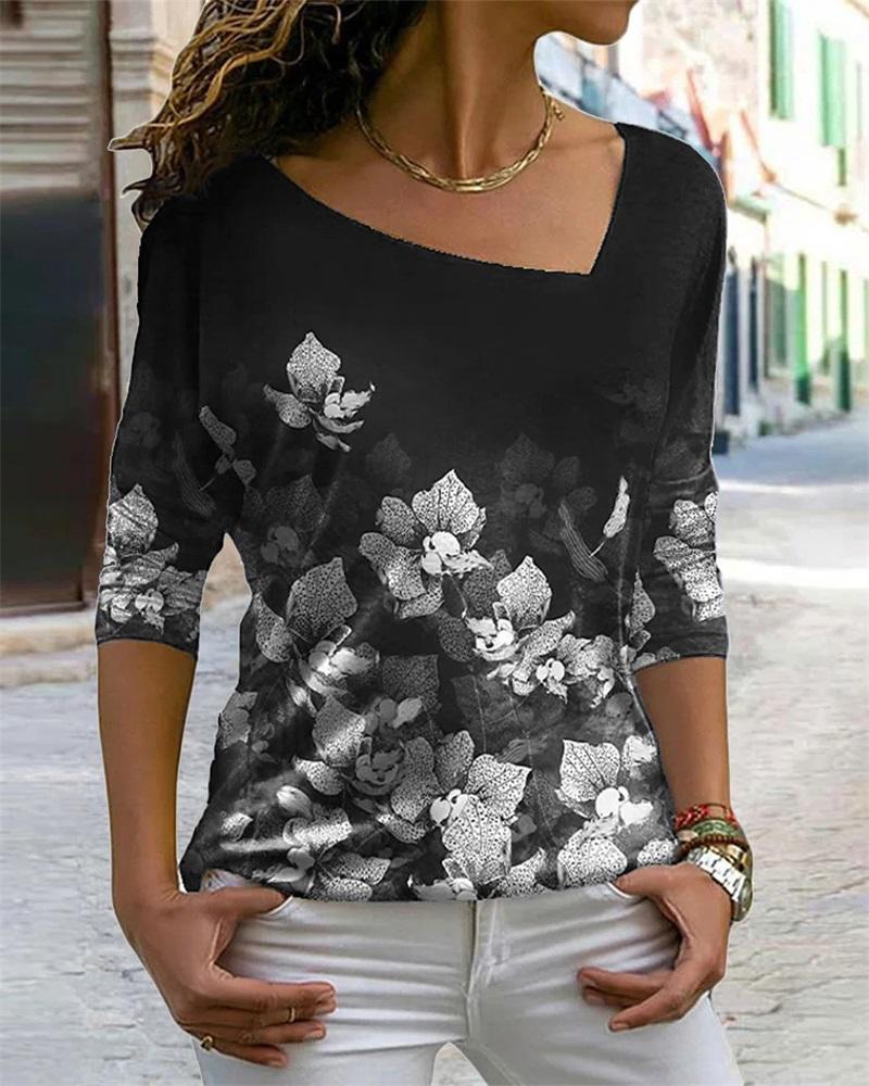 

Floral Print Asymmetrical Neck Long Sleeve Top, Black