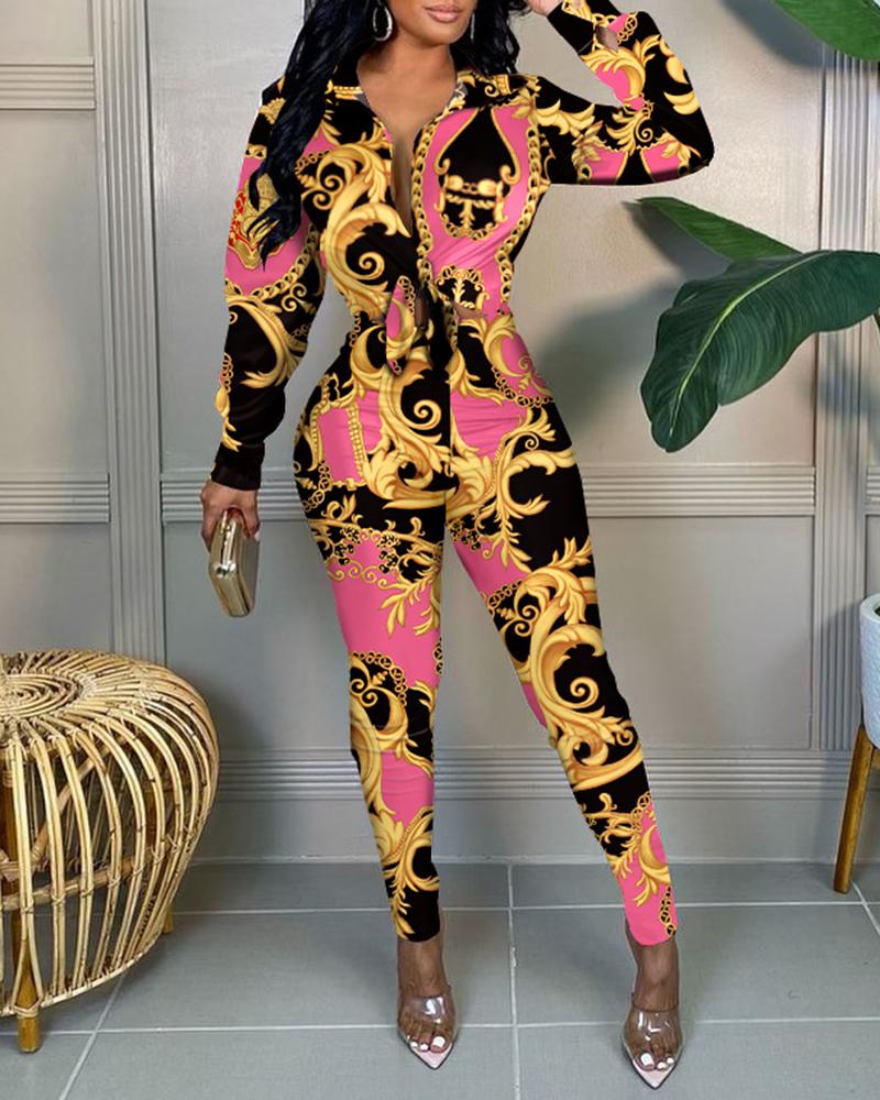 

Baroque Chain Print Knot Front Crop Top & Skinny Pants Set, Black