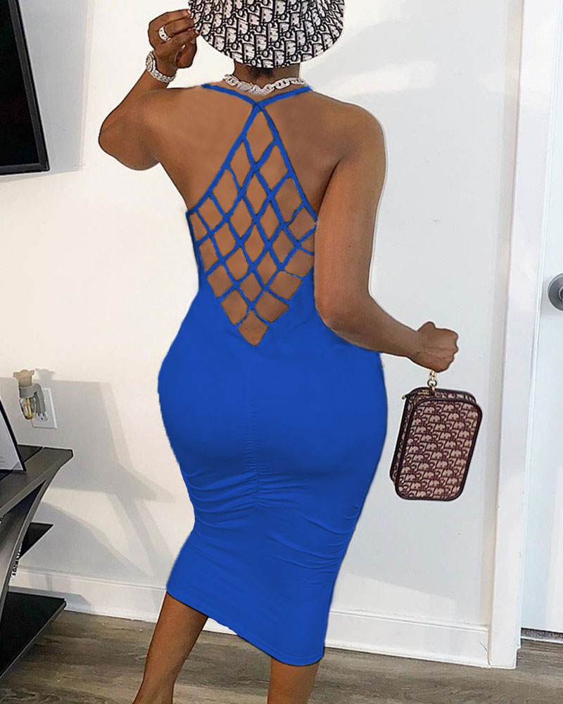

Fishnet Backless Sleeveless Bodycon Dress, Blue