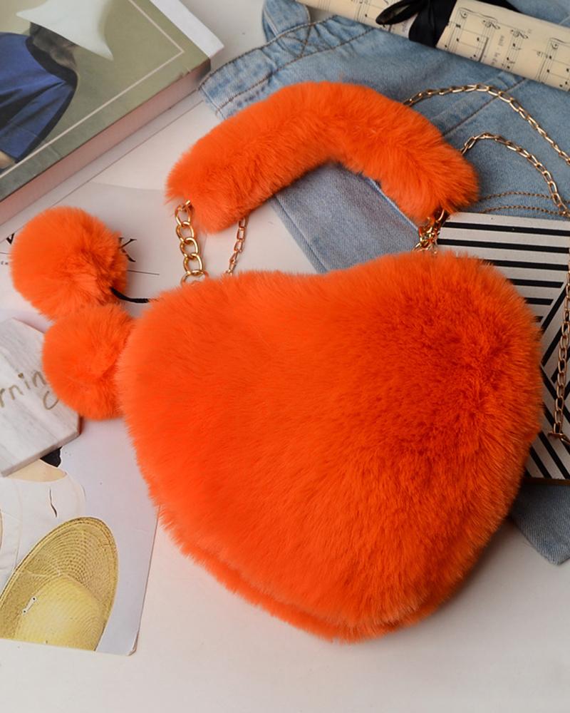 

Fluffy Heart Shaped Pom Pom Chain Strap Handbag, Orange