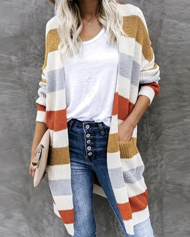 

Striped Colorblock Pocket Design Knit Longline Cardigan, Multicolor