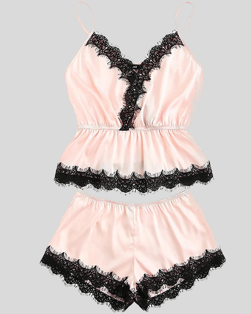 

Solid Color Splicing Lace Sling Velvet 2-Piece Pajamas Sets, Nude