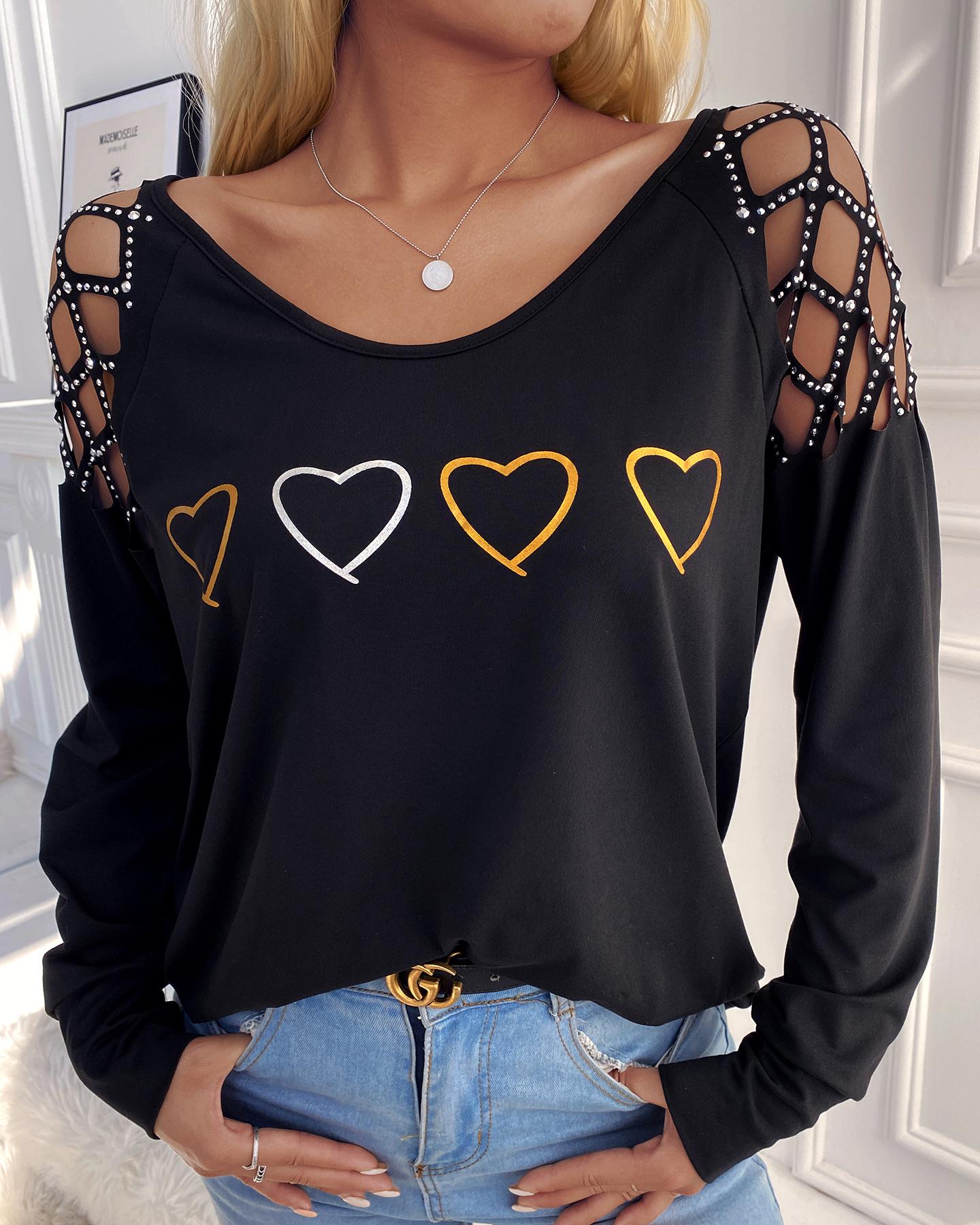 

Heart Print Rhinestone Hollow-out Long Sleeve Top, Black
